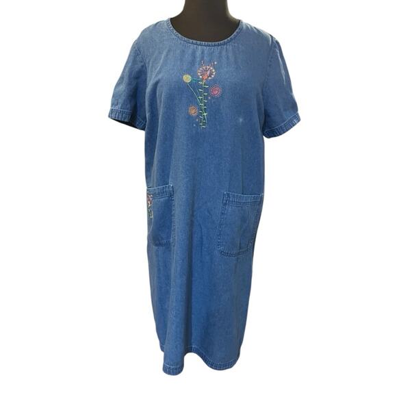 Vtg 90s Denim Floral Embroidered Shift Dress L Boho Cottagecore Coquette Femme - Picture 1 of 6